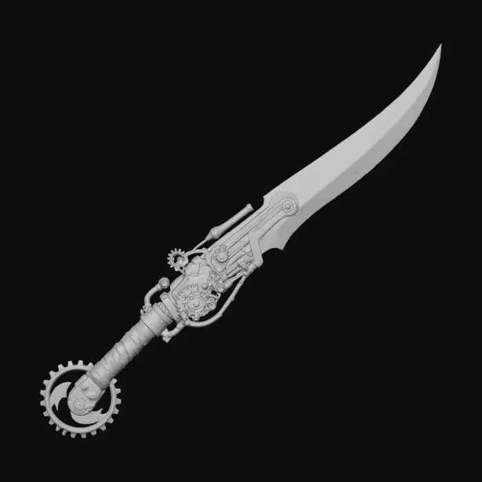 3D model for Concept art of a mechanical blade, white, beige expressive colours fantasy, steampunk, no background