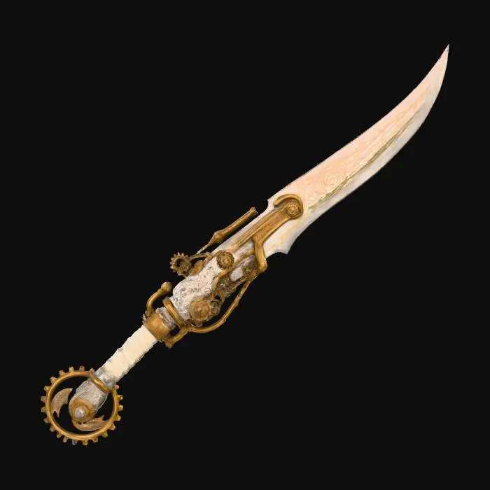 3D model for Concept art of a mechanical blade, white, beige expressive colours fantasy, steampunk, no background