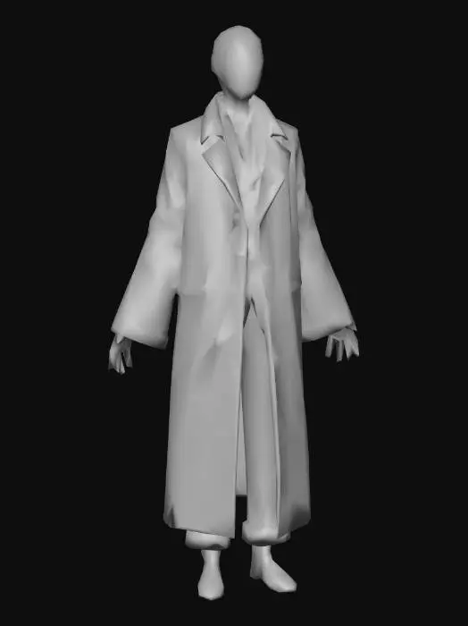 3D model for A gaunt male character with strikingly pale, almost greyish skin and a prominent dark hairstyle featuring a stark white streak. He has a lean yet muscular physique, with a defined bare chest adorned by an intricate metallic pendant on a thin chain. He wears a long, open dark coat that appears to be made of a slightly textured, glossy leather-like material, with a high, standing collar. His right hand clutches an ornate sword hilt or cane, and his face holds a stern, intense expression., #villain#