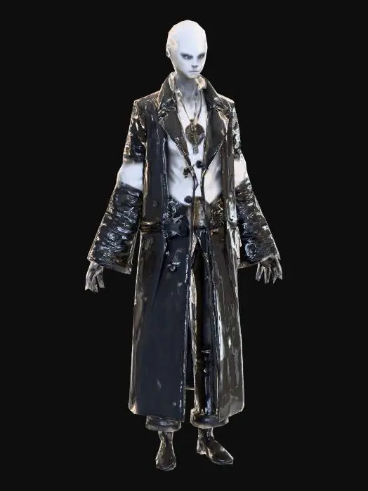 3D model for A gaunt male character with strikingly pale, almost greyish skin and a prominent dark hairstyle featuring a stark white streak. He has a lean yet muscular physique, with a defined bare chest adorned by an intricate metallic pendant on a thin chain. He wears a long, open dark coat that appears to be made of a slightly textured, glossy leather-like material, with a high, standing collar. His right hand clutches an ornate sword hilt or cane, and his face holds a stern, intense expression., #villain#