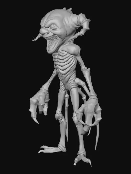 3D model for An arachnid-like monstrous clown, its main body humanoid but with four long, spindly, segmented limbs emerging from its back, covered in dark, coarse hair. Its painted white face is cracked and peeling, with too many small, beady red eyes clustered around a gaping, fanged mouth. The clown wears a shredded suit of black and crimson silk that clings to its unnatural form, its texture appearing both delicate and menacing., #Halloween2025#