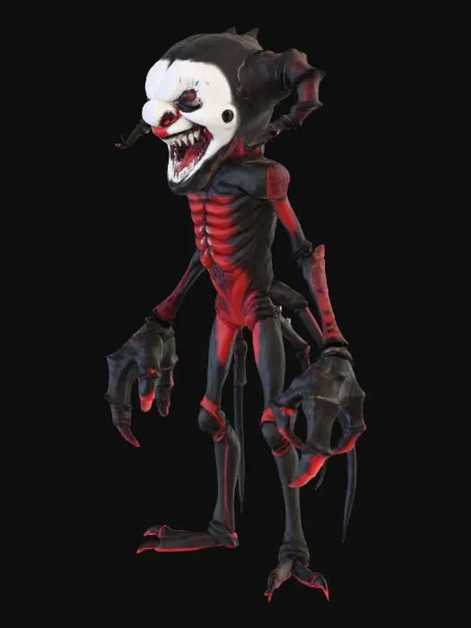 3D model for An arachnid-like monstrous clown, its main body humanoid but with four long, spindly, segmented limbs emerging from its back, covered in dark, coarse hair. Its painted white face is cracked and peeling, with too many small, beady red eyes clustered around a gaping, fanged mouth. The clown wears a shredded suit of black and crimson silk that clings to its unnatural form, its texture appearing both delicate and menacing., #Halloween2025#