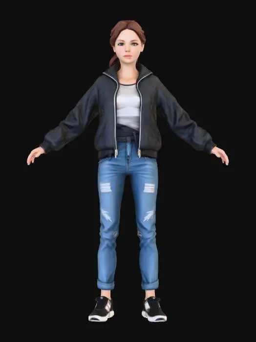 3D model for Realistic female slim character with realistic hair and realistic face. Don't forget realistic nose, eyes and mouth. Realistic Nose and eye shapes are extremely important. FBI jacket, denim trousers and sporty running shoes.