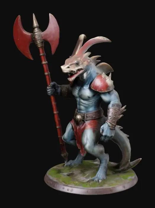3D model for masterfully crafted figurine of Blood Bowl, God like hammerhead shark worrier, standing on his hind legs, ready for battle