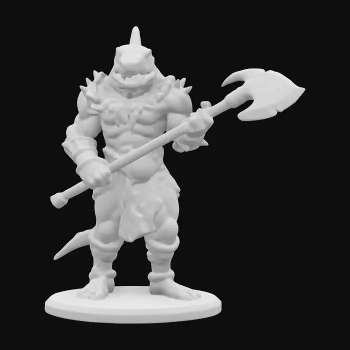 3D model for masterfully crafted figurine of Blood Bowl, God like hammerhead shark worrier, standing on his hind legs, ready for battle