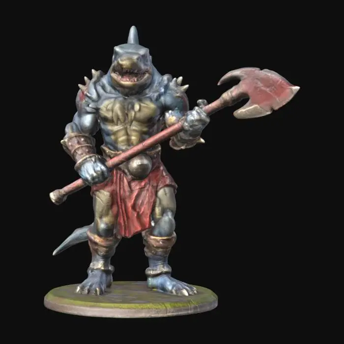 3D model for masterfully crafted figurine of Blood Bowl, God like hammerhead shark worrier, standing on his hind legs, ready for battle