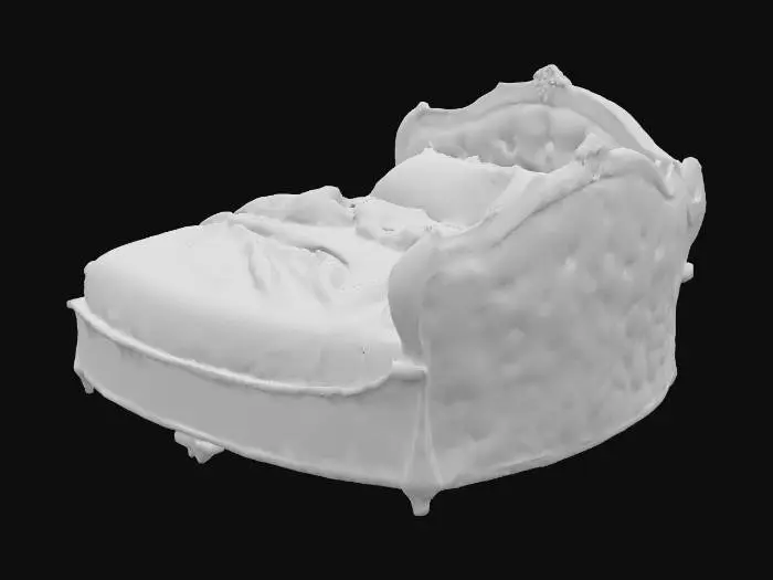 3D model for A large tidy heart shaped bed with purple sheets and purple pillows.  