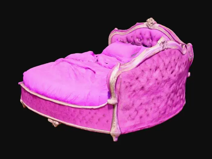 3D model for A large tidy heart shaped bed with purple sheets and purple pillows.  