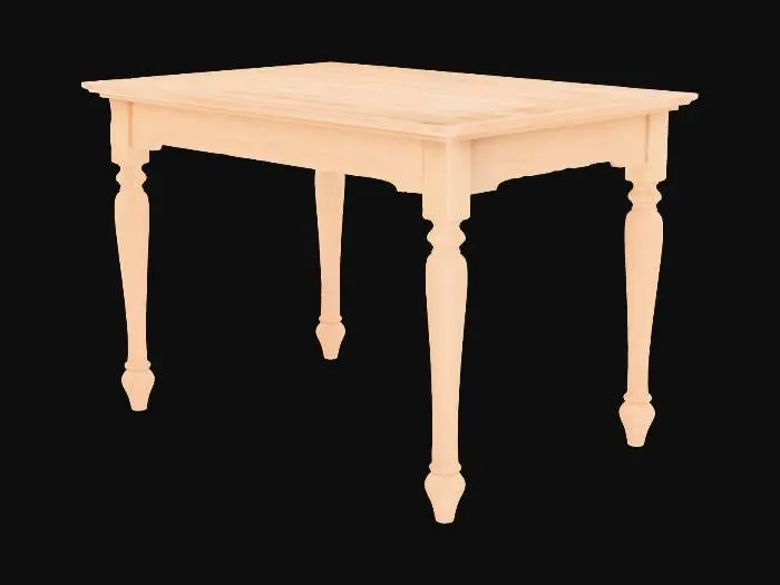 3D model for A kitchen table.  It has four lathed legs.  It is a classic kitchen style.  It has a smooth top, beveled edges.