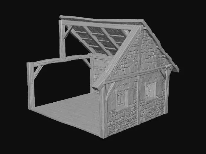 3D model for A medieval fantasy peasant house.  Alpine, french, 14th century.  Interior.  No furniture, no props, just the structure.