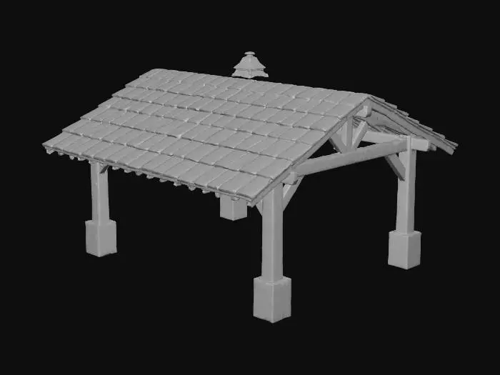 3D model for A large square gazebo style pavilion.  Large wooden support beams.  Large aged oak crossbeams.  Slat roof.