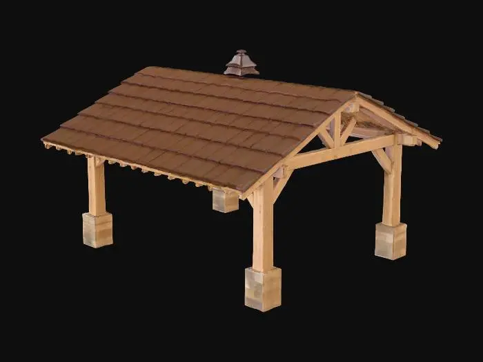 3D model for A large square gazebo style pavilion.  Large wooden support beams.  Large aged oak crossbeams.  Slat roof.