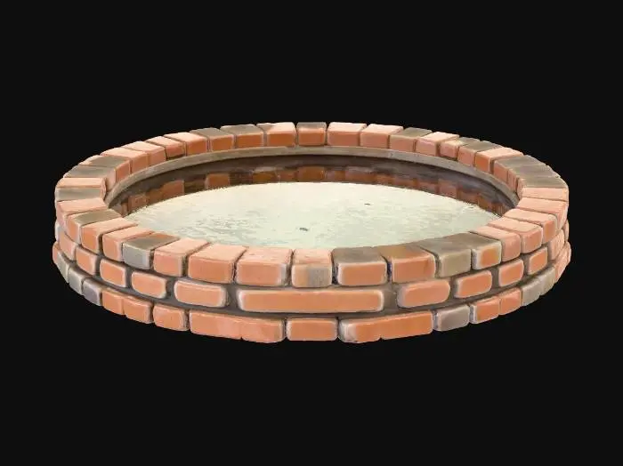 3D model for A round brick pool, as you might find in an onsen or natural spring. The spring has dried up, the pool is empty. The bricks are quite large.