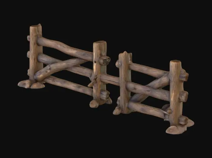 3D model for A rickety post and rail fence made of worn wood.