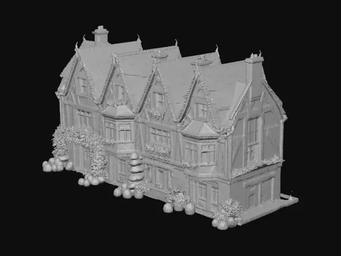 3D model for A row of medieval half-timber houses.  14th century.  French.  Alpine town context.  cobblestone street.  a mixture of shops with above-shop residences and homes with gardens.  Most buildings have large front windows with open shutters.  Closed mesh.  Detailed.  Realistic.  Photoreal.  High quality topology.  Considerate UVs.
