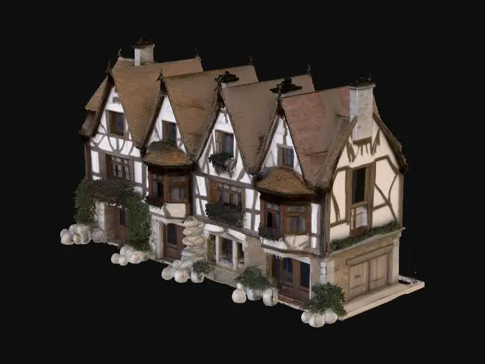 3D model for A row of medieval half-timber houses.  14th century.  French.  Alpine town context.  cobblestone street.  a mixture of shops with above-shop residences and homes with gardens.  Most buildings have large front windows with open shutters.  Closed mesh.  Detailed.  Realistic.  Photoreal.  High quality topology.  Considerate UVs.