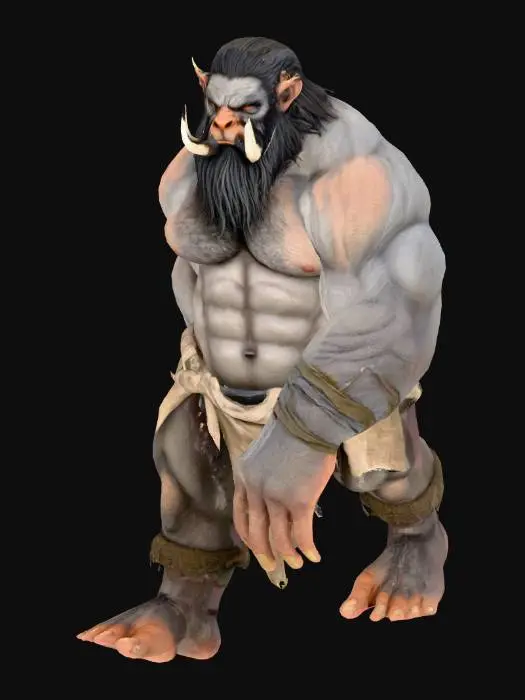 3D model for A realistic depiction of a hulking troll warrior.  huge and imposing, with an underbite, beady eyes, a thick mane of black hair, tusks, low brow, wearing only a ragged linen loincloth.  muscular, powerful hands and feet.  hands relaxed and open, fingers spread.  hirsute.  fit.  