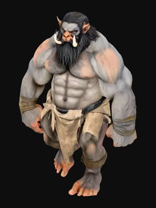 3D model for A realistic depiction of a hulking troll warrior.  huge and imposing, with an underbite, beady eyes, a thick mane of black hair, tusks, low brow, wearing only a ragged linen loincloth.  muscular, powerful hands and feet.  hands relaxed and open, fingers spread.  hirsute.  fit.  