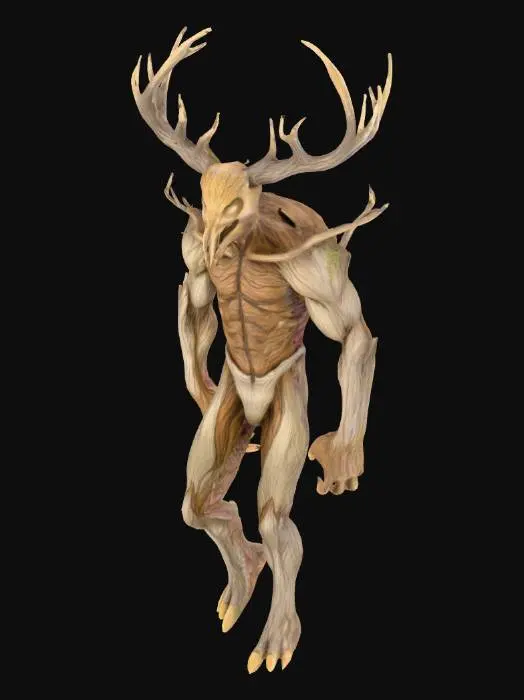 3D model for An English folk horror monster on a blank background.  Wearing briefs.  Skin made of tree bark.  tree branch-esque antlers.  twigs and branches grow from his shoulders, elbows, and calves.
