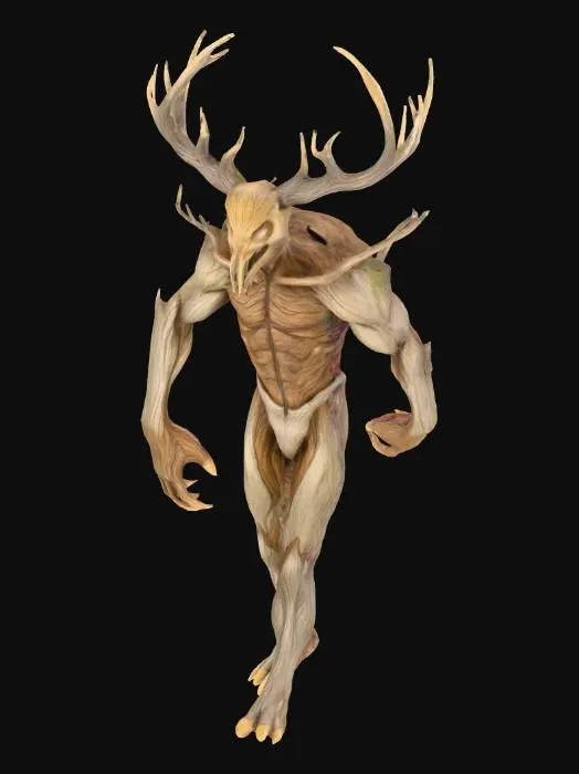 3D model for An English folk horror monster on a blank background.  Wearing briefs.  Skin made of tree bark.  tree branch-esque antlers.  twigs and branches grow from his shoulders, elbows, and calves.
