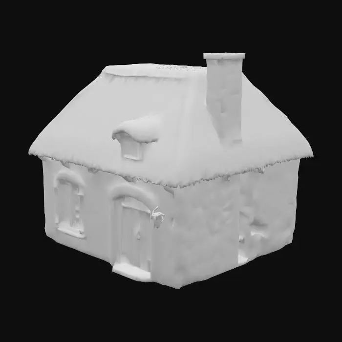 3D model for medieval french stone cottage exterior, thatched roof, two windows, one doorway

