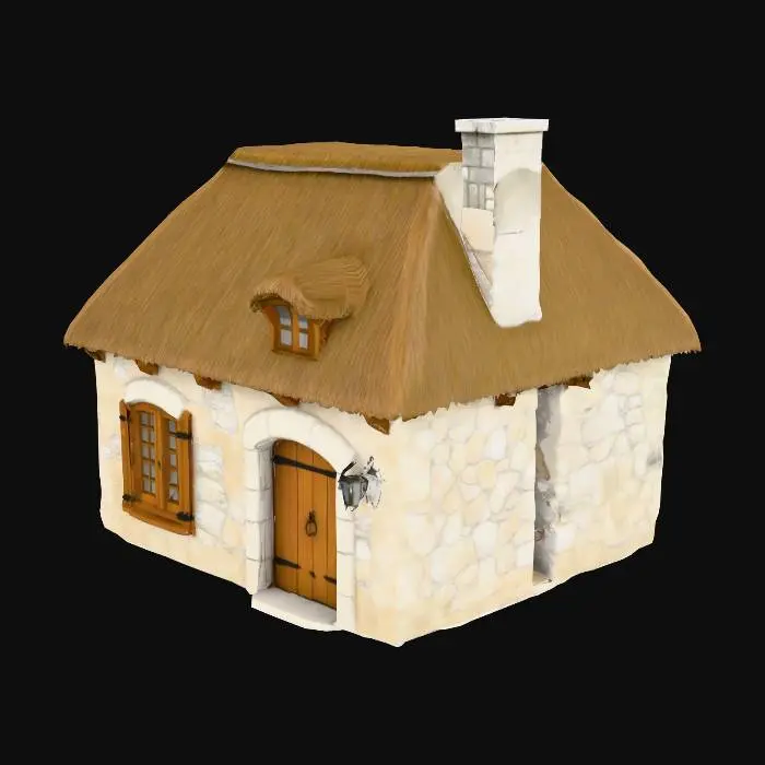 3D model for medieval french stone cottage exterior, thatched roof, two windows, one doorway

