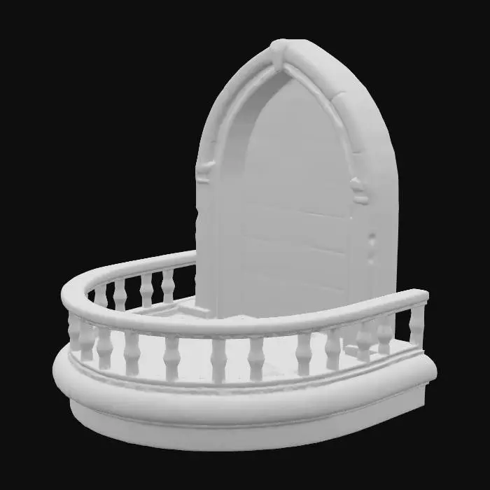3D model for a wide, round and round bottomed limestone balcony with railing attached to a large round cut limestone castle tower wall. in the style of 13th century french castle architecture.