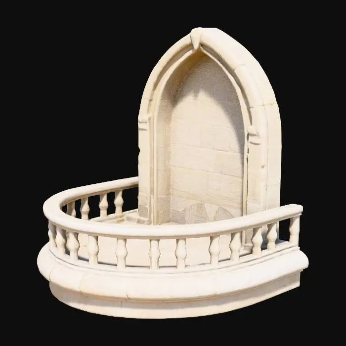 3D model for a wide, round and round bottomed limestone balcony with railing attached to a large round cut limestone castle tower wall. in the style of 13th century french castle architecture.