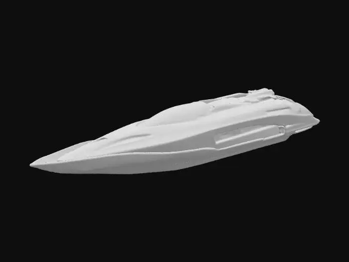 3D model for A futuristic boat combining design elements from old racing boat prototypes from the 1930s and anti-gravity racing ships from the Wipeout games series. Make an extravagant hull design. 