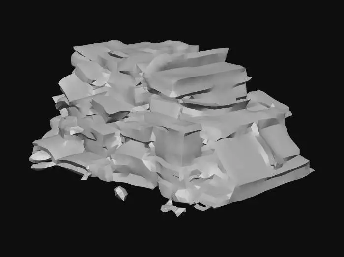 3D model for A scattered pile of charred and burned books, some lying open with their pages blackened and brittle. The covers are singed and warped, revealing glimpses of once-vibrant titles now obscured by soot. A few individual pages flutter precariously, their edges curled and scorched, hinting at forgotten knowledge turned to ash.