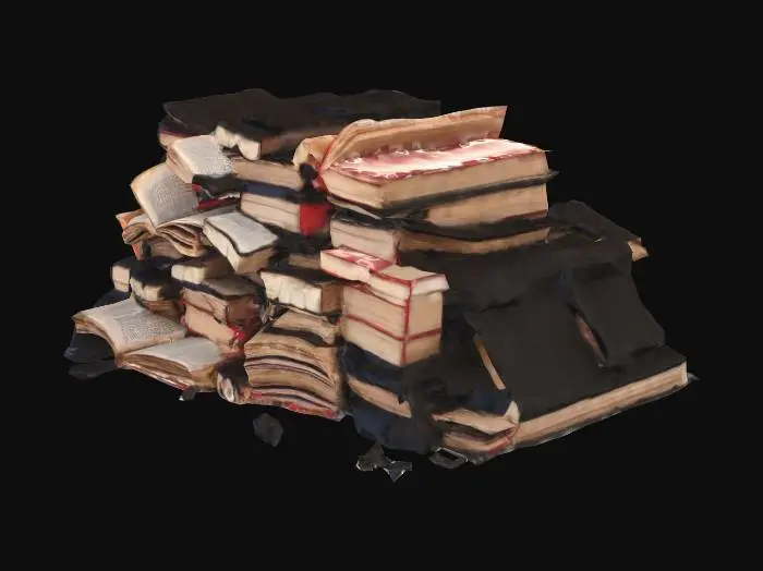 3D model for A scattered pile of charred and burned books, some lying open with their pages blackened and brittle. The covers are singed and warped, revealing glimpses of once-vibrant titles now obscured by soot. A few individual pages flutter precariously, their edges curled and scorched, hinting at forgotten knowledge turned to ash.