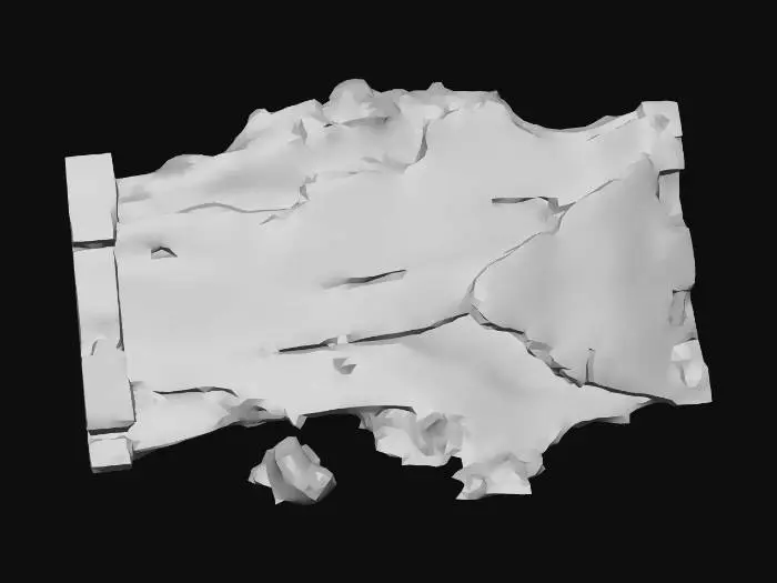 3D model for Burned and broken wooden furniture lies on its side, deeply charred and blackened from a fire. It is rendered with clean, angular geometry.