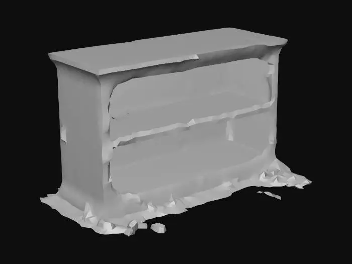 3D model for a Burned and broken wooden bookcase lies on its side, deeply charred and blackened from a fire. Very low res. It is rendered with clean, angular geometry.