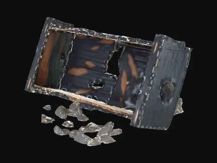 3D model for a Burned and broken wooden bookcase lies on its side, deeply charred and blackened from a fire. Very low res. It is rendered with clean, angular geometry.