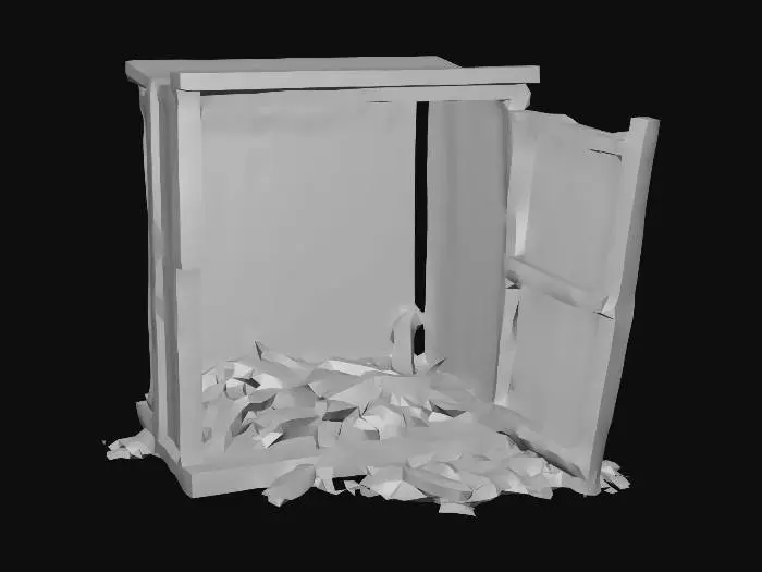 3D model for a Burned and broken wooden closet lies on its side, deeply charred and blackened from a fire. Very low res. It is rendered with clean, angular geometry.