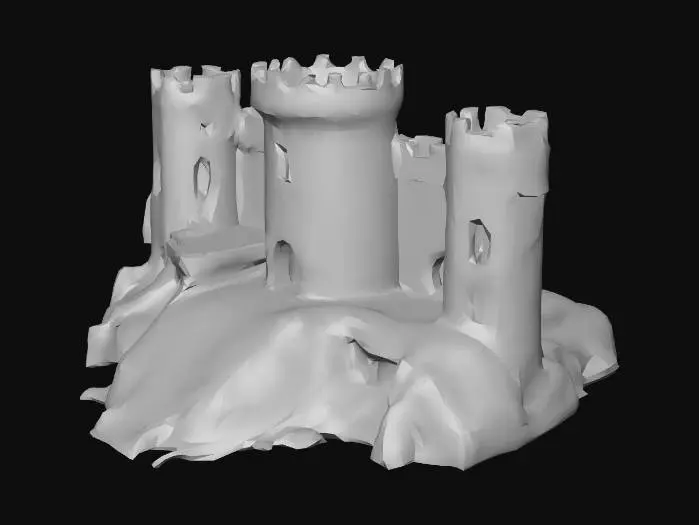 3D model for A low-poly ancient snow castle, now a desolate ruin. A few sturdy, snow-covered walls remain, cracked and weathered, hinting at its former grandeur. The remnants of a single, majestic tower stand partially erect, its jagged edges sculpted by centuries of wind and ice. The scene is dominated by clean, simple geometric shapes, evoking a sense of stark, frozen decay.