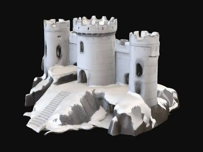 3D model for A low-poly ancient snow castle, now a desolate ruin. A few sturdy, snow-covered walls remain, cracked and weathered, hinting at its former grandeur. The remnants of a single, majestic tower stand partially erect, its jagged edges sculpted by centuries of wind and ice. The scene is dominated by clean, simple geometric shapes, evoking a sense of stark, frozen decay.