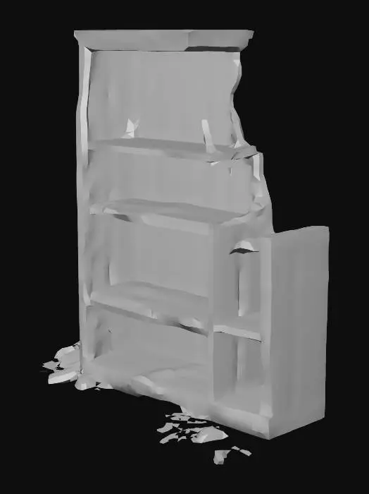 3D model for a Burned and broken wooden bookcase lies on its side, deeply charred and blackened from a fire. Very low res. It is rendered with clean, angular geometry.