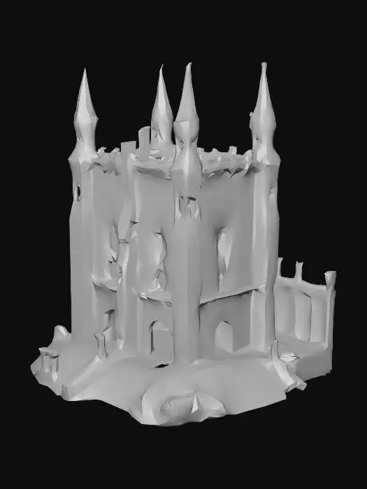 3D model for A low-poly ancient snow castle, now a desolate ruin. A few sturdy, snow-covered walls remain, cracked and weathered, hinting at its former grandeur. The remnants of a single, majestic tower stand partially erect, its jagged edges sculpted by centuries of wind and ice. The scene is dominated by clean, simple geometric shapes, evoking a sense of stark, frozen decay.