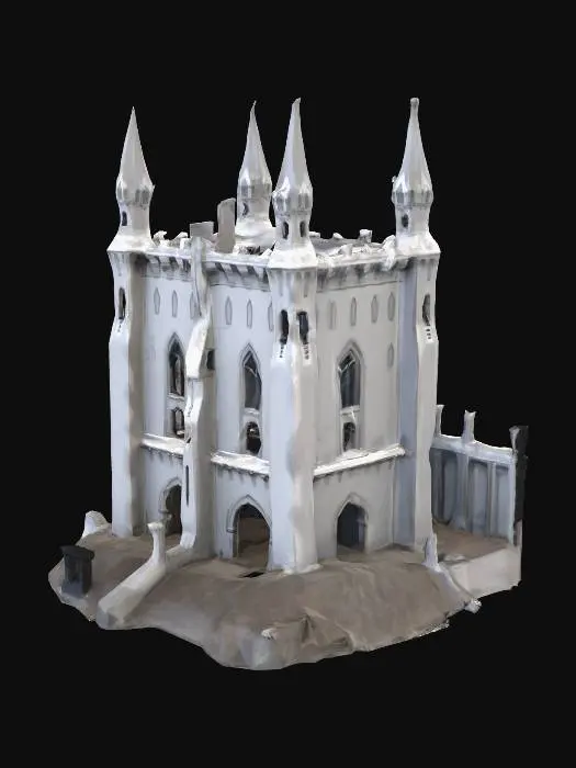 3D model for A low-poly ancient snow castle, now a desolate ruin. A few sturdy, snow-covered walls remain, cracked and weathered, hinting at its former grandeur. The remnants of a single, majestic tower stand partially erect, its jagged edges sculpted by centuries of wind and ice. The scene is dominated by clean, simple geometric shapes, evoking a sense of stark, frozen decay.