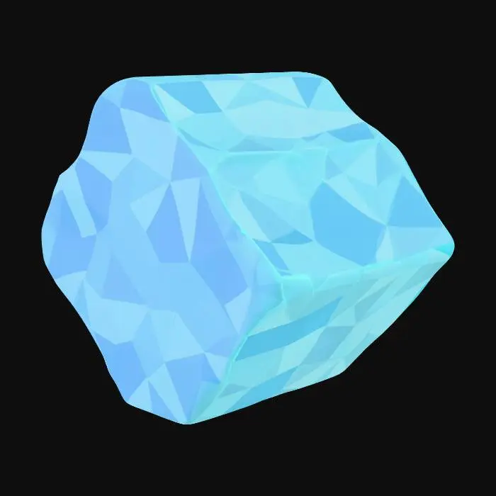 3D model for Create a cubic-style voxel ice block model inspired by the Crossy Road game art style.
The model must be strictly cubic, with a chunky, blocky voxel form and hard right-angle edges.
Avoid smooth curves or rounded shapes.

Use low-poly geometry optimized for mobile and web games.
The ice should be stylized and cartoon-like, not realistic.

Use one single texture only (texture atlas) with flat colors or simple gradients in light blue, cyan, and white.

No transparency, no reflections, no complex materials.
Use unlit or very basic lit material.

Target triangle count: under 300
Texture resolution: 256x256
No animations, no normal maps

The model must be game-ready, with clean topology, centered pivot, and Unity-compatible scale.