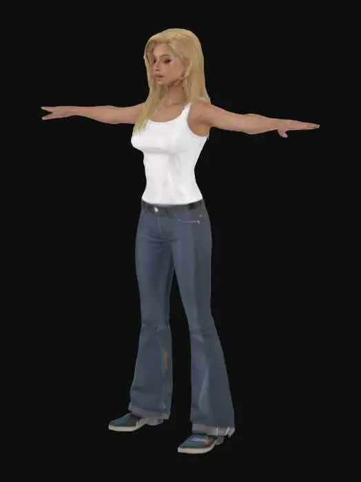 3D model for ultra realistic woman city t posing Y2K tank top, blonde straight hair, flared jeans