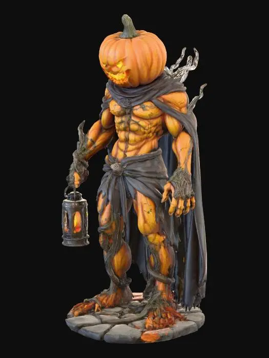 3D model for High-detail 3D model of a demonic pumpkin guardian statue for Halloween, carved pumpkin head with glowing eyes, sinister smile, cracked texture, muscular humanoid body made of roots and vines, wearing a tattered cloak, holding a lantern with eerie light, base with stones and fallen leaves, cinematic lighting, realistic proportions, suitable for 3D printing, watertight mesh, no floating parts, high-resolution details