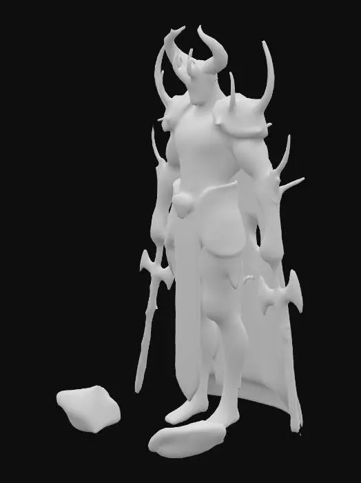 3D model for A demon king having hell power of fire and red lighting full dark evil and cruel smilling, blood and scars of body 4 hands having different weapons like hell fire axe red lighting sword ⚔️ and a skull in hand have purple magic some special effects like darkness skin colour should be red 
Muscular 
Dominating
Black doom armour 