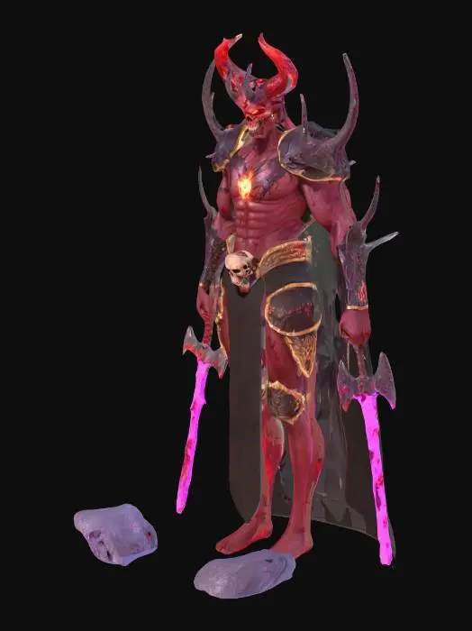 3D model for A demon king having hell power of fire and red lighting full dark evil and cruel smilling, blood and scars of body 4 hands having different weapons like hell fire axe red lighting sword ⚔️ and a skull in hand have purple magic some special effects like darkness skin colour should be red 
Muscular 
Dominating
Black doom armour 