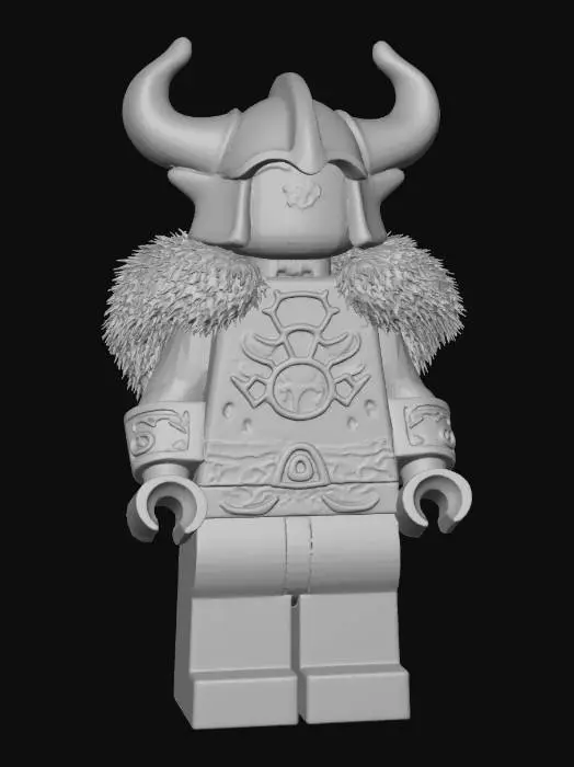 3D model for Low-poly 3D model of a fierce Orc warrior in the style of a LEGO minifigure, wearing detailed Viking-style armor. The orc has classic LEGO proportions with a blocky, stylized body, iconic clawed hands, and a stylized angry face with tusks. The armor includes a horned helmet (like a Viking helmet), shoulder pauldrons made of fur and metal plates, a detailed chest plate with Norse runic engravings, and fur-lined greaves. The color palette should be earthy: dark greens for the orc's skin, metallic grey and rusted iron for the armor, and browns for the leather and fur details. The model should be ready for 3D printing, with clean geometry and no overhangs. Style: stylized, clean, modular LEGO aesthetic with slight wear and battle damage on the armor.