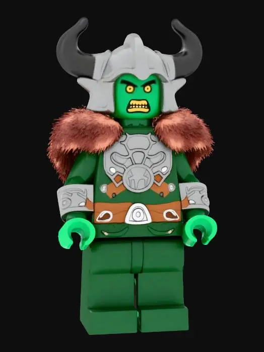 3D model for Low-poly 3D model of a fierce Orc warrior in the style of a LEGO minifigure, wearing detailed Viking-style armor. The orc has classic LEGO proportions with a blocky, stylized body, iconic clawed hands, and a stylized angry face with tusks. The armor includes a horned helmet (like a Viking helmet), shoulder pauldrons made of fur and metal plates, a detailed chest plate with Norse runic engravings, and fur-lined greaves. The color palette should be earthy: dark greens for the orc's skin, metallic grey and rusted iron for the armor, and browns for the leather and fur details. The model should be ready for 3D printing, with clean geometry and no overhangs. Style: stylized, clean, modular LEGO aesthetic with slight wear and battle damage on the armor.
