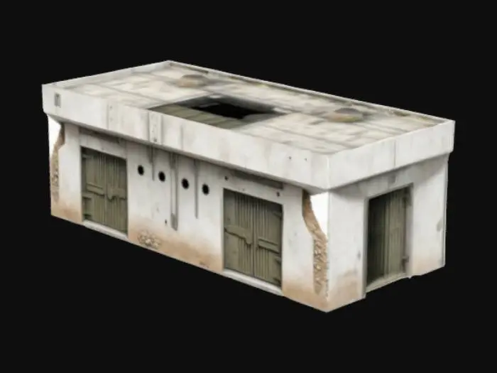 3D model for a simple military machine gun bunker fortification without environment, without guns, only bunker on the picture, on the white background, 3d art, high quality details, close doors and windows, accuracy edges