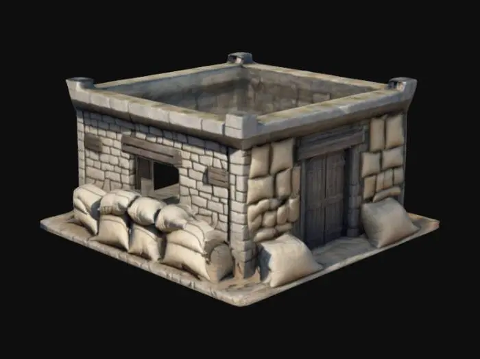 3D model for HARD EDGE defence fortification place with sandbags, low poly, without environment, 3d art, extremely details, close doors and windows, accuracy edges