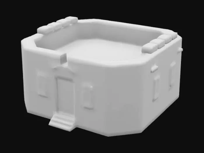 3D model for HARD EDGE defence an octogonal fortification place with sandbags, low poly, without environment, 3d art, extremely details, close doors and windows, accuracy edges, flat ground floor